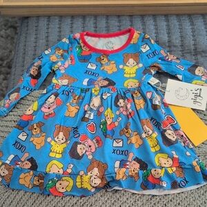 XOXO Bright Blue Multicolor Cartoon Print Dress with Red Trim